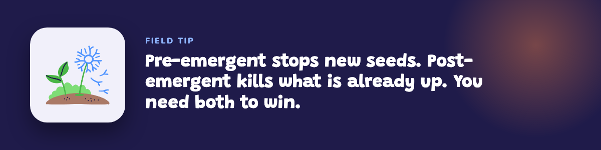 Field tip: pre-emergent stops new seeds and post-emergent kills what is already up, so you need both