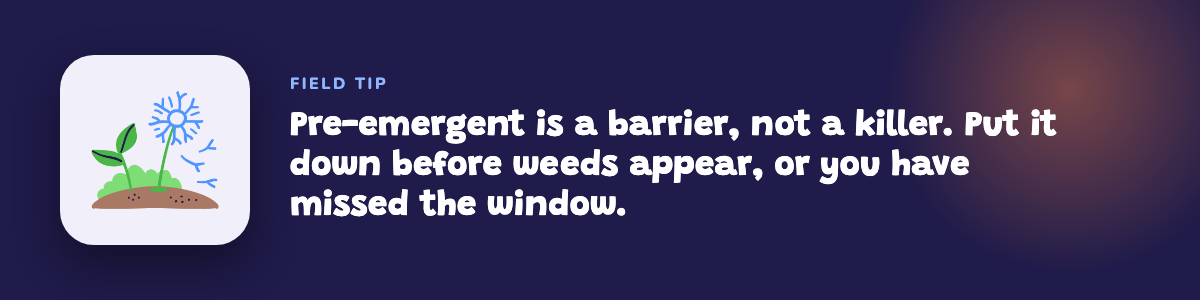 Field tip: pre-emergent is a barrier, not a killer, so put it down before weeds appear or you have missed the window